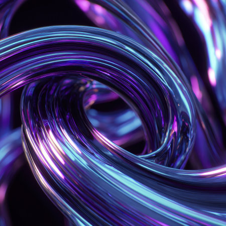 This mesmerizing abstract image features swirling glossy curves that reflect light in a vibrant display. Perfect for backgrounds and modern design projects.の素材