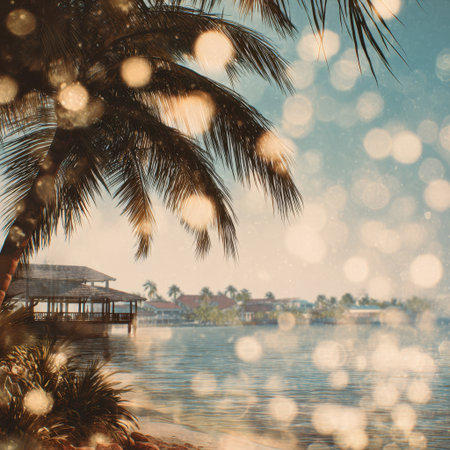 Discover a serene tropical paradise featuring lush palm trees and calm waters, perfect for relaxation and escape in a natural coastal setting.の素材