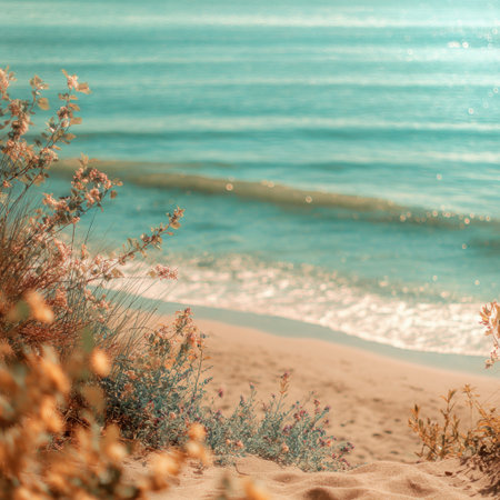 A tranquil coastal scene featuring gentle waves, lush green plants, and a stunning sunset, perfect for capturing the essence of nature's beauty and relaxation.の素材