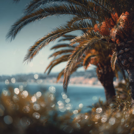 This stunning scene showcases vibrant palm trees beside sparkling waters, creating an idyllic atmosphere perfect for relaxation and peaceful escapes in nature.の素材