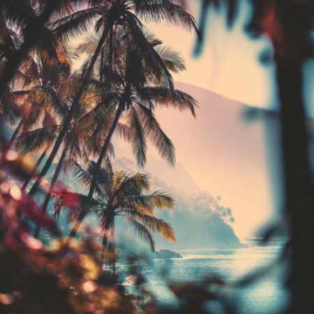 A serene tropical scene featuring silhouetted palm trees against a misty sunset over calm waters, creating a peaceful atmosphere ideal for relaxation and escape.の素材