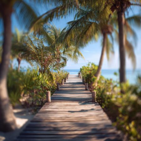 Explore a tranquil wooden pathway surrounded by vibrant tropical foliage leading to a stunning beach, perfectly suited for relaxation and travel adventures.の素材