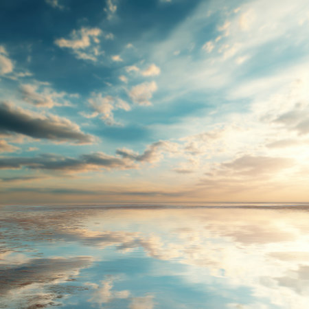 A breathtaking view of a serene sky reflecting on calm waters, showcasing soft clouds and a sense of tranquility, ideal for peaceful atmospheres and relaxation themes.の素材