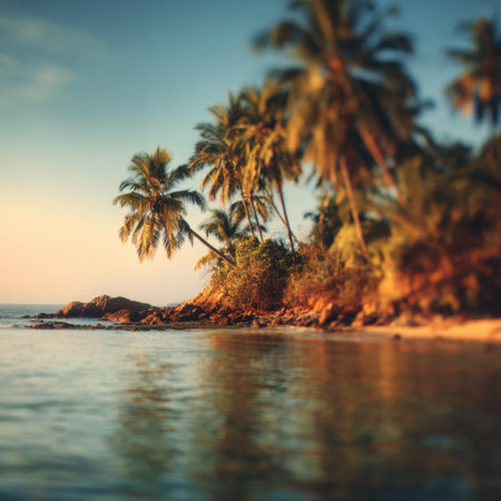 Discover a stunning tropical beach scene featuring palm trees and a vibrant sunset reflecting on calm waters, offering a perfect getaway in a serene coastal environment.の素材