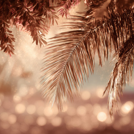 Captivating image of palm leaves with delicate blossoms, softly illuminated by afternoon light, creating a serene and dreamy tropical atmosphere perfect for relaxation or vacation themes.の素材