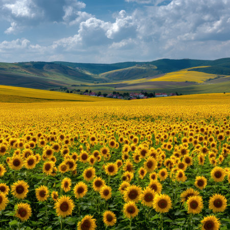 A breathtaking view of a sunflower field under a clear blue sky, showcasing the beauty of nature and vibrant colors in a rural landscape perfect for cheerful summer days.の素材