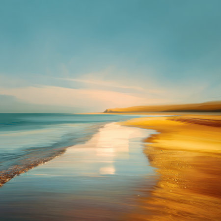 Experience the tranquility of a coastal landscape, where gentle waves kiss the sandy shore under a colorful dusk sky, creating a serene and peaceful atmosphere perfect for relaxation.の素材