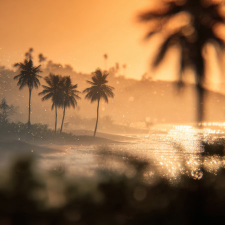 Stunning sunset view over a tropical beach featuring silhouetted palm trees and shimmering ocean waves, creating a peaceful and serene atmosphere perfect for relaxation.の素材