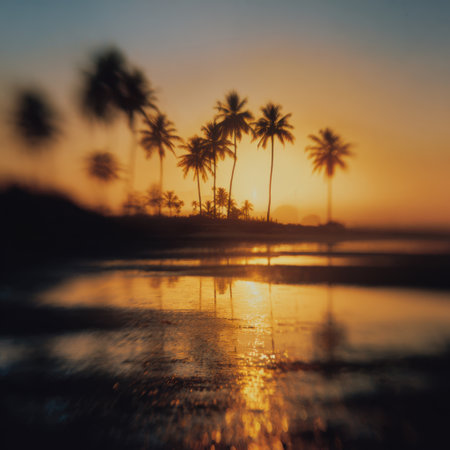 This stunning tropical beach scene captures a beautiful sunset with silhouettes of palm trees, reflecting in the calm waters and creating a serene and tranquil atmosphere.の素材