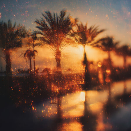 A beautiful sunset casts a warm glow over water, with silhouetted palm trees creating a tranquil atmosphere. The light bokeh effect adds a magical touch to this serene tropical scene.の素材