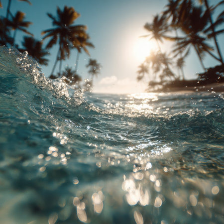This image showcases a breathtaking tropical beach scene, highlighting the beauty of palm trees and gentle ocean waves under a glowing sunset. Perfect for evoking feelings of peace and relaxation.の素材
