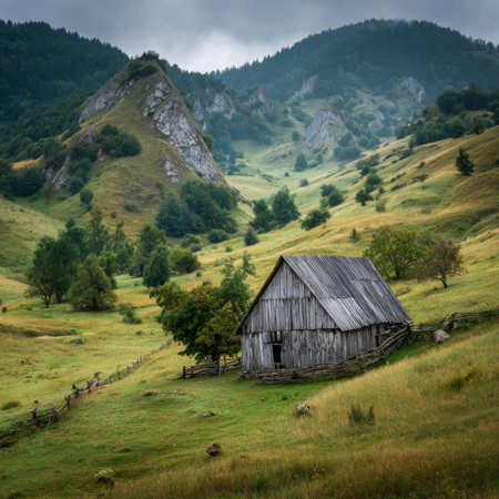 This captivating scene showcases a rustic barn nestled in beautiful countryside with rolling hills, rugged mountains, and an overcast sky, perfect for nature lovers.の素材