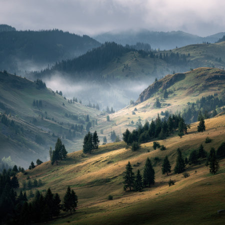Breathtaking mountain landscape featuring rolling hills and misty valleys, showcasing a tranquil atmosphere filled with lush greenery and dramatic sky. Perfect for nature lovers.の素材