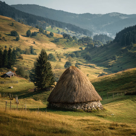 Stunning view of a traditional thatched roof hut nestled in scenic countryside, surrounded by lush green hills and trees under a clear blue sky, inviting peaceful exploration.の素材