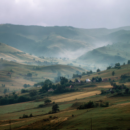 A serene mountain landscape featuring rolling fog and lush green fields, perfect for showcasing the tranquility and beauty of rural nature in an idyllic setting.の素材