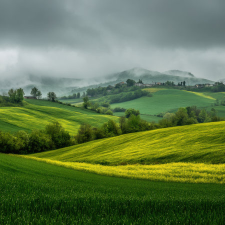 A stunning countryside scene showcasing rolling green hills enveloped in soft fog and a moody overcast sky, perfect for evoking tranquility and the beauty of nature.の素材