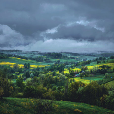 A stunning view of a tranquil countryside featuring rolling hills and vibrant fields under a dramatic, cloudy sky, showcasing the beauty of nature.の素材
