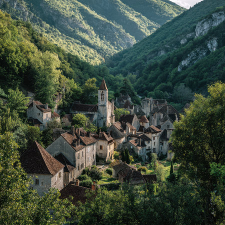 A picturesque village surrounded by lush mountains, featuring charming architecture and a serene atmosphere, ideal for exploring nature and capturing beautiful landscapes.の素材