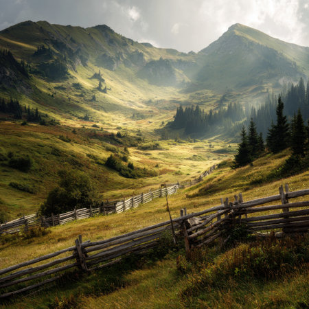 Explore a breathtaking mountain landscape featuring lush green hills, rolling meadows, and rustic fencing, under a dramatic cloudy sky that captures the beauty of nature's serenity.の素材