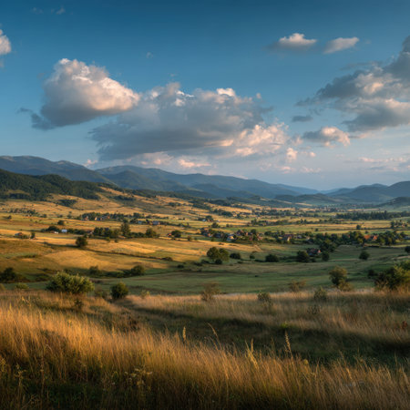 A stunning view of rolling hills and a vast mountain range under a clear blue sky adorned with fluffy clouds, embodying the pure tranquility of nature's untouched beauty.の素材