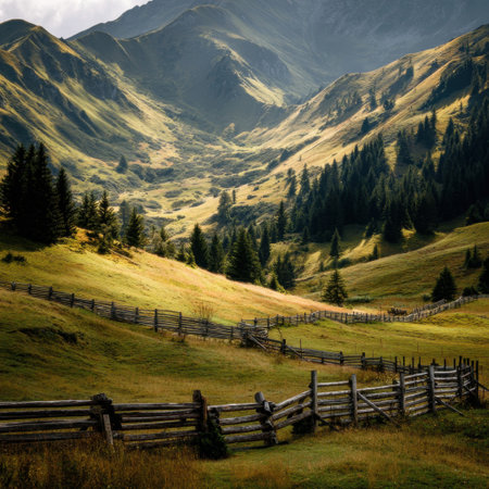 A breathtaking view of serene mountains with rolling hills and lush greenery, accented by rustic wooden fences, inviting exploration of nature's tranquility.の素材