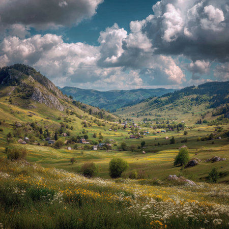 This stunning mountain landscape showcases rolling hills and lush meadows with colorful wildflowers, beautifully complemented by a dynamic sky and peaceful atmosphere.の素材
