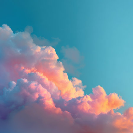 Breathtaking view of colorful clouds at sunrise showcases stunning gradients of pink, orange, and blue, creating a serene atmosphere perfect for nature and landscape themes.の素材