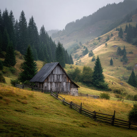 A charming wooden cabin is set against a backdrop of misty mountains and towering trees, creating a serene escape into nature and a perfect spot for relaxation and adventures.の素材