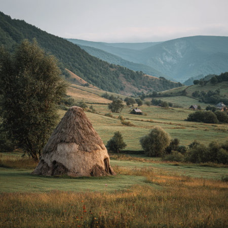 A tranquil rural scene showcasing a traditional straw hut set against rolling hills and stunning mountains, creating a peaceful atmosphere at sunset.の素材