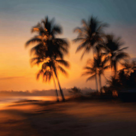 Experience the peaceful atmosphere of a tropical sunset, where silhouetted palm trees gently sway by the beach, and golden hues reflect on calm waters.の素材