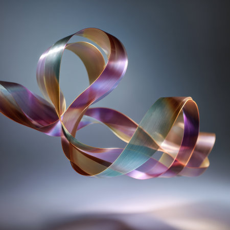 Colorful ribbons twist and flow gracefully against a soft grey backdrop, creating an enchanting abstract design that evokes a sense of movement and elegance.の素材