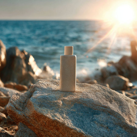 A serene skincare bottle rests on a textured rock near the sea, with gentle waves and soft sunlight creating a peaceful atmosphere perfect for relaxation and wellness.の素材