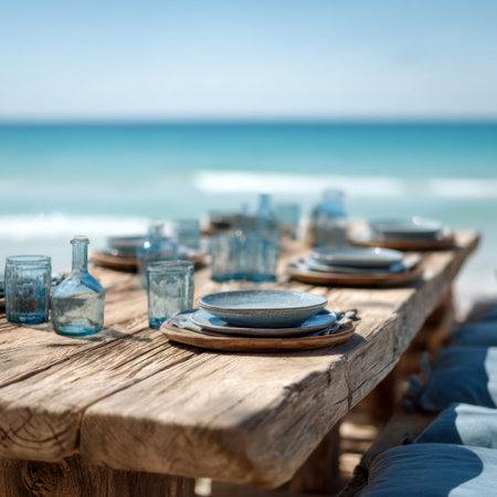 This image captures a beautifully arranged rustic wooden dining table near the beach. Blue tableware complements the serene coastal setting, perfect for summer meals.の素材