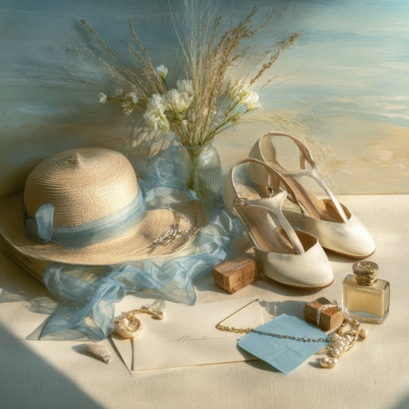 A stunning layout of elegant bridal accessories, showcasing chic white shoes, a straw hat, jewelry, and floral accents on a soft neutral setting, perfect for summer wedding inspiration.の素材