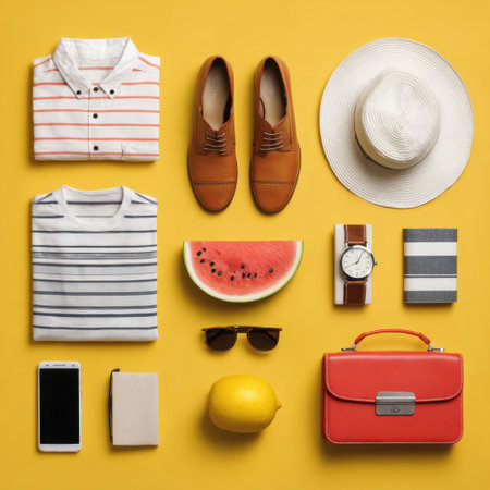 A vibrant flat lay featuring summer clothing, accessories, and fresh fruits creates a lively and colorful composition, perfect for lifestyle and fashion inspirations.の素材