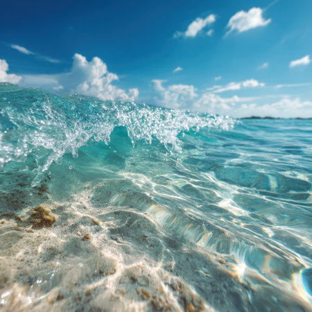 An enchanting view of gentle ocean waves kissing a sandy beach, with fluffy clouds floating in the vibrant blue sky, perfect for capturing the essence of a tropical paradise.の素材