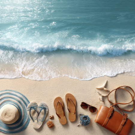 A picturesque beach scene featuring sandy shores, gentle waves, and stylish accessories, creating an inviting atmosphere for relaxation and summer adventures.の素材