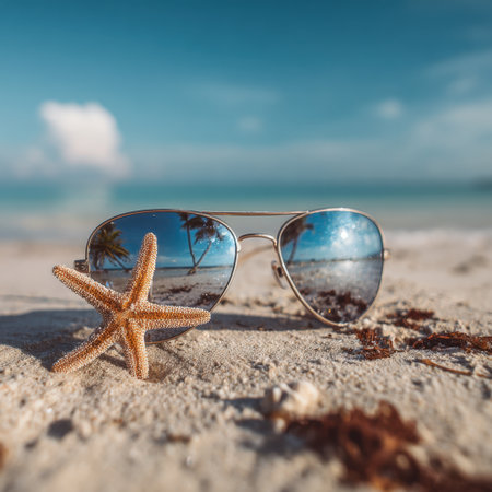 A vibrant close-up image of sunglasses resting on sandy beach with a starfish alongside, featuring reflections of ocean and palm trees, evoking summer vibes and relaxation.の素材