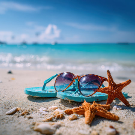 Bright summer sunglasses lay on sandy beach alongside a starfish, with turquoise water shimmering under sunlight, creating a vibrant vacation atmosphere perfect for relaxation.の素材