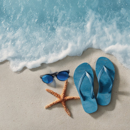 A vibrant summer scene featuring flip flops, sunglasses, and a starfish resting on a sandy beach, with gentle waves enhancing the atmosphere of relaxation and vacation.の素材