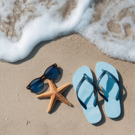 A vibrant beach scene featuring stylish flip-flops, trendy sunglasses, and a starfish on warm sand with gentle ocean waves for a perfect summer getaway.の素材