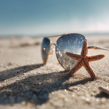 A pair of trendy sunglasses rests on warm sand with a starfish nearby, symbolizing a perfect summer day on the beach with clear skies and serene ocean views.の素材