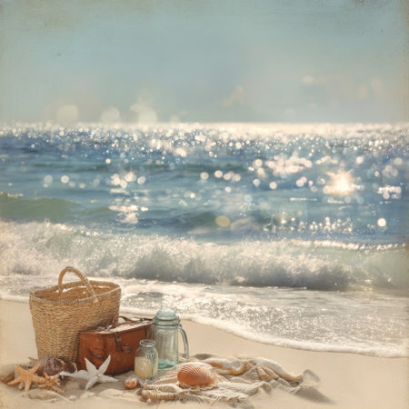 A serene beach scene featuring a woven basket and assorted seashells resting on soft sand, with sparkling ocean waves creating a relaxed atmosphere under the bright sun.の素材