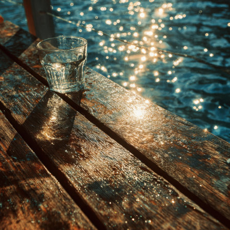 A refreshing glass of clear water sits on a rustic wooden table beside sparkling water, emphasizing a serene summer moment filled with sunlight and tranquility.の素材