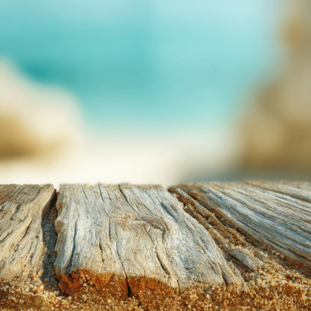 A serene beach scene showcasing a weathered wooden plank in the foreground, with soft focus blurred sand and water in the background, evoking a sense of peace and relaxation.の素材