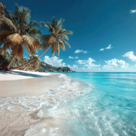 Experience the beauty of a tropical beach with golden sand, swaying palm trees, and gentle waves lapping the shore under a clear blue sky, ideal for tranquil escapes.の素材