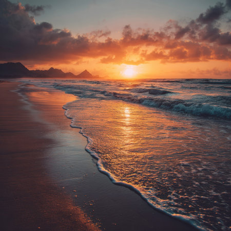 A breathtaking sunset illuminates the shoreline, casting vibrant colors across the water. The gentle waves create a serene atmosphere, perfect for relaxation and reflection.の素材