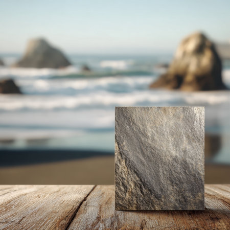 A detailed view of textured slate stone placed on a wooden table, set against a serene ocean landscape, ideal for design or nature-themed projects.の素材
