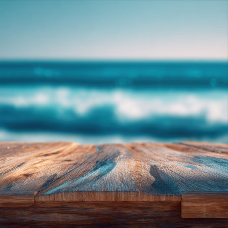 A serene coastal view showcasing soft ocean waves gently lapping against a weathered wooden surface, creating a peaceful atmosphere ideal for relaxation and nature lovers.の素材