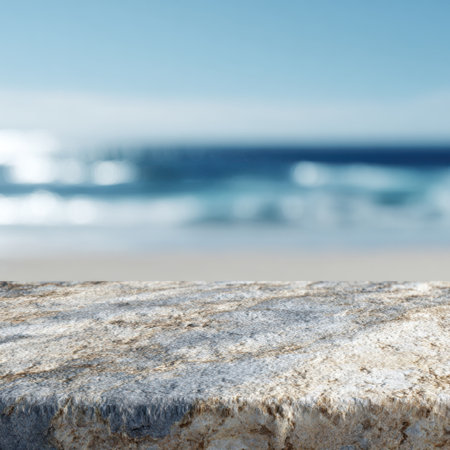 A serene view of a stone surface leading to a tranquil ocean, illuminated by bright sunlight. This image evokes feelings of relaxation and outdoor beauty near the shoreline.の素材